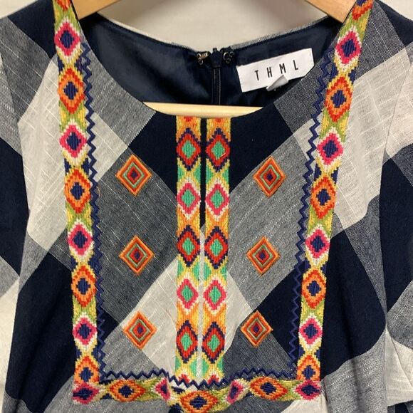 THML Navy White Large Check Frayed SS Boho Embroidered Knee Length Dress Size M - Picture 7 of 16